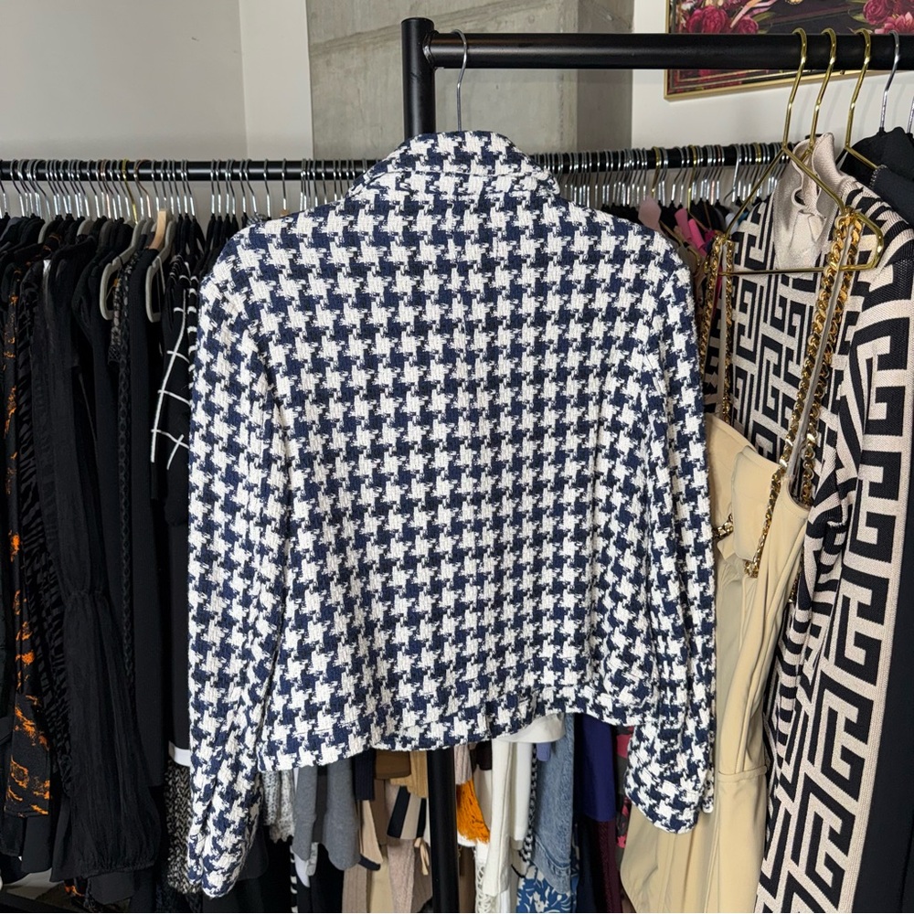 Zara Navy And White Houndstooth Tweed Cropped Jacket Jewel Buttons Womens XS NWT - Picture 8 of 8